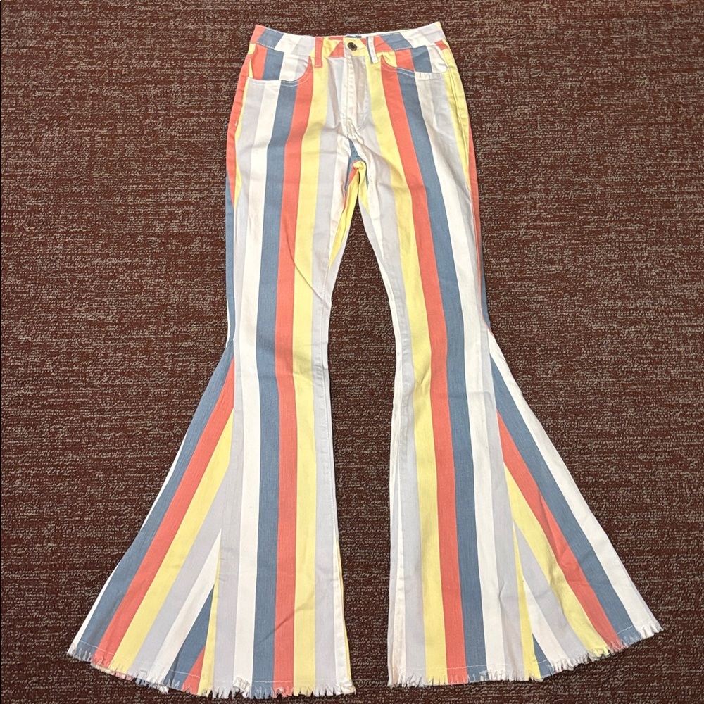 Saints & hearts colorful striped bell bottom pants high waisted big bells small